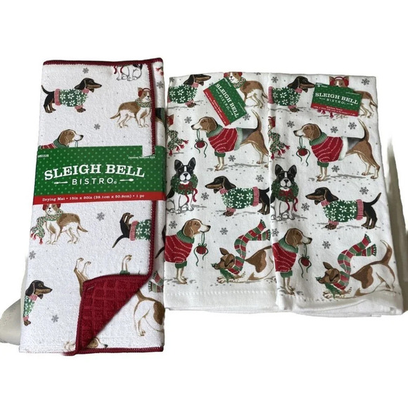 2 Kitchen Towels & Drying Mat Dachshund Boston Terrier Dog Christmas Holiday NEW - Picture 1 of 3